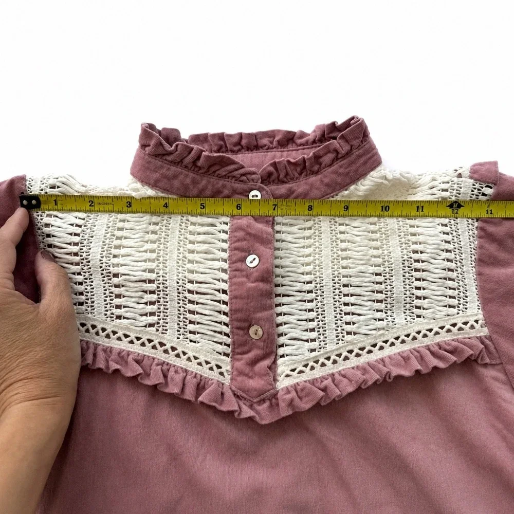 Zara Boho Dusty Pink 3/4 sleeve Corduroy‎ crochet  Ruffles Cotton Top X Small - Picture 5 of 8